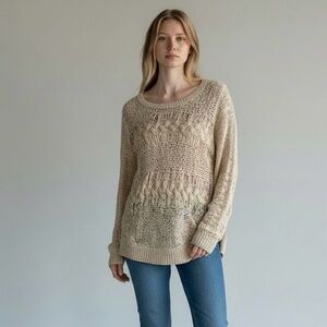 Beige open knit ribbon knit floral back long sleeve Sweater women’s medium